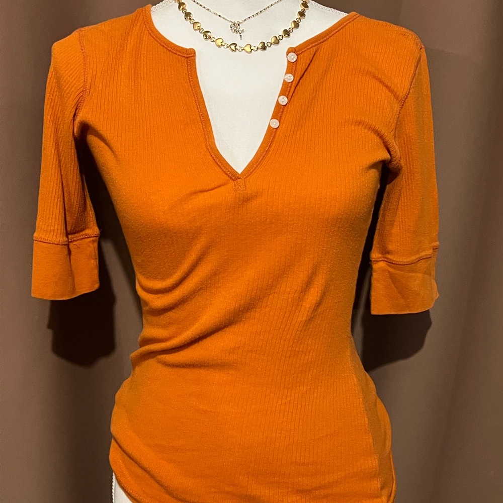 Cooper Key Women's Orange Ribbed Henley Top - Slim Fit